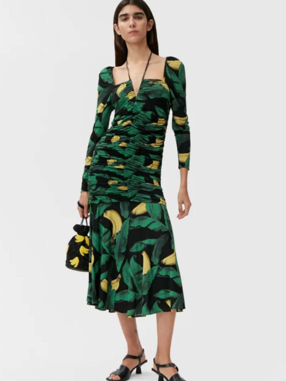 Ganni Printed Draped Jersey Gathered Midi Dress Black/Green